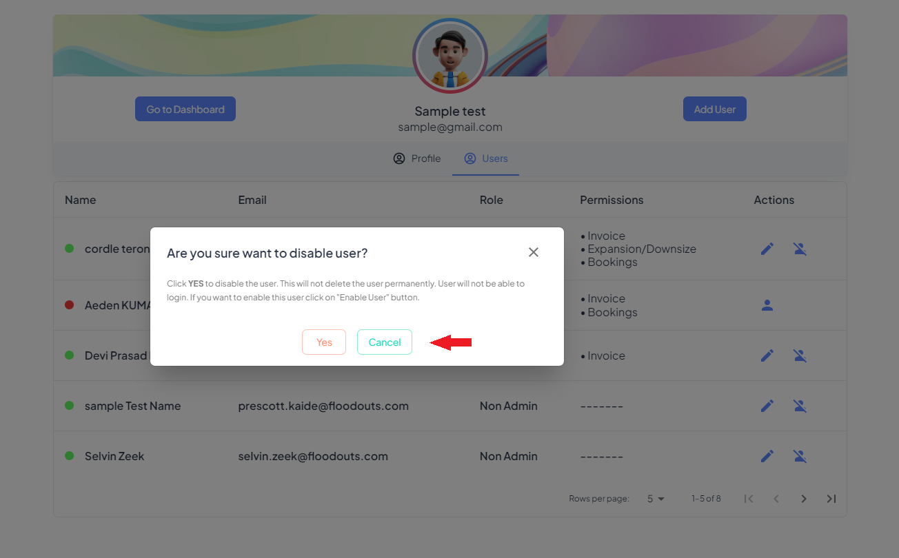 Enable/Disable the users